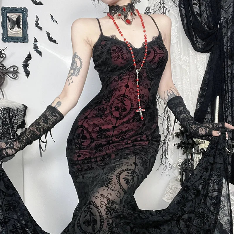 Gothic Alt Goth Dark Vintage Sheer Overlay Spaghetti Strap Dress