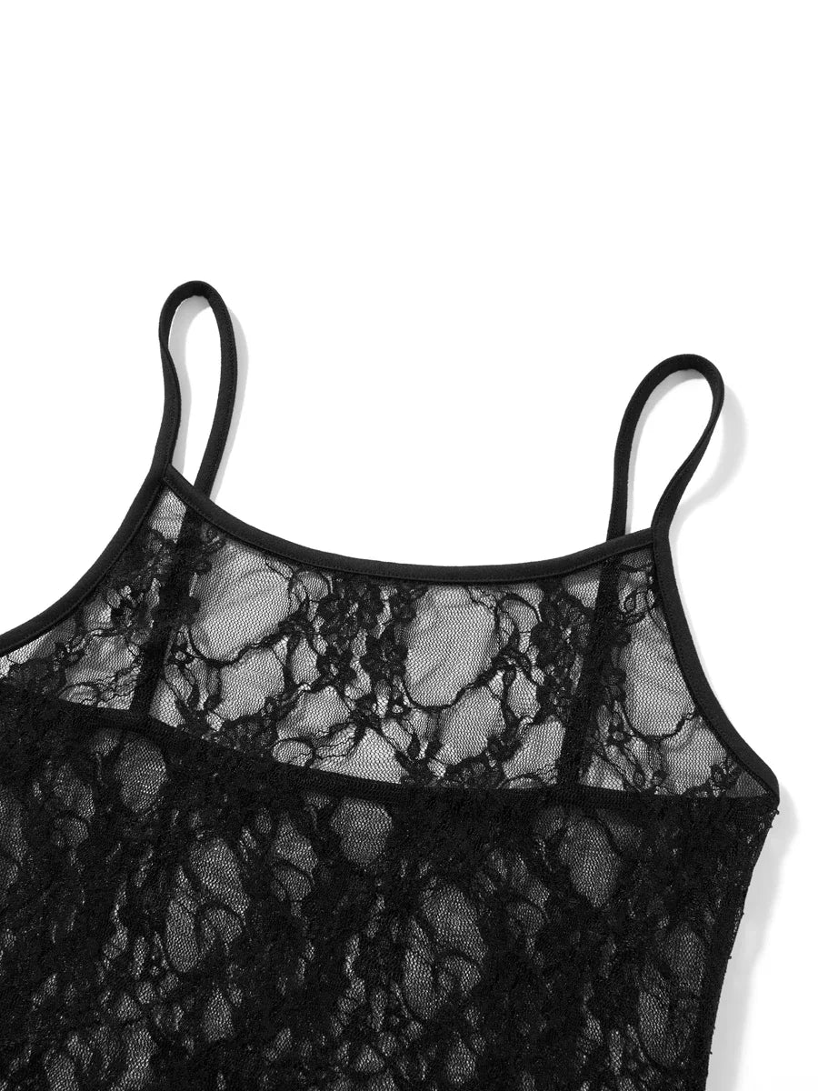 Gothic Romantic 90s Goth Black Lace See Through Spaghetti Strap Long Bodycon Dress