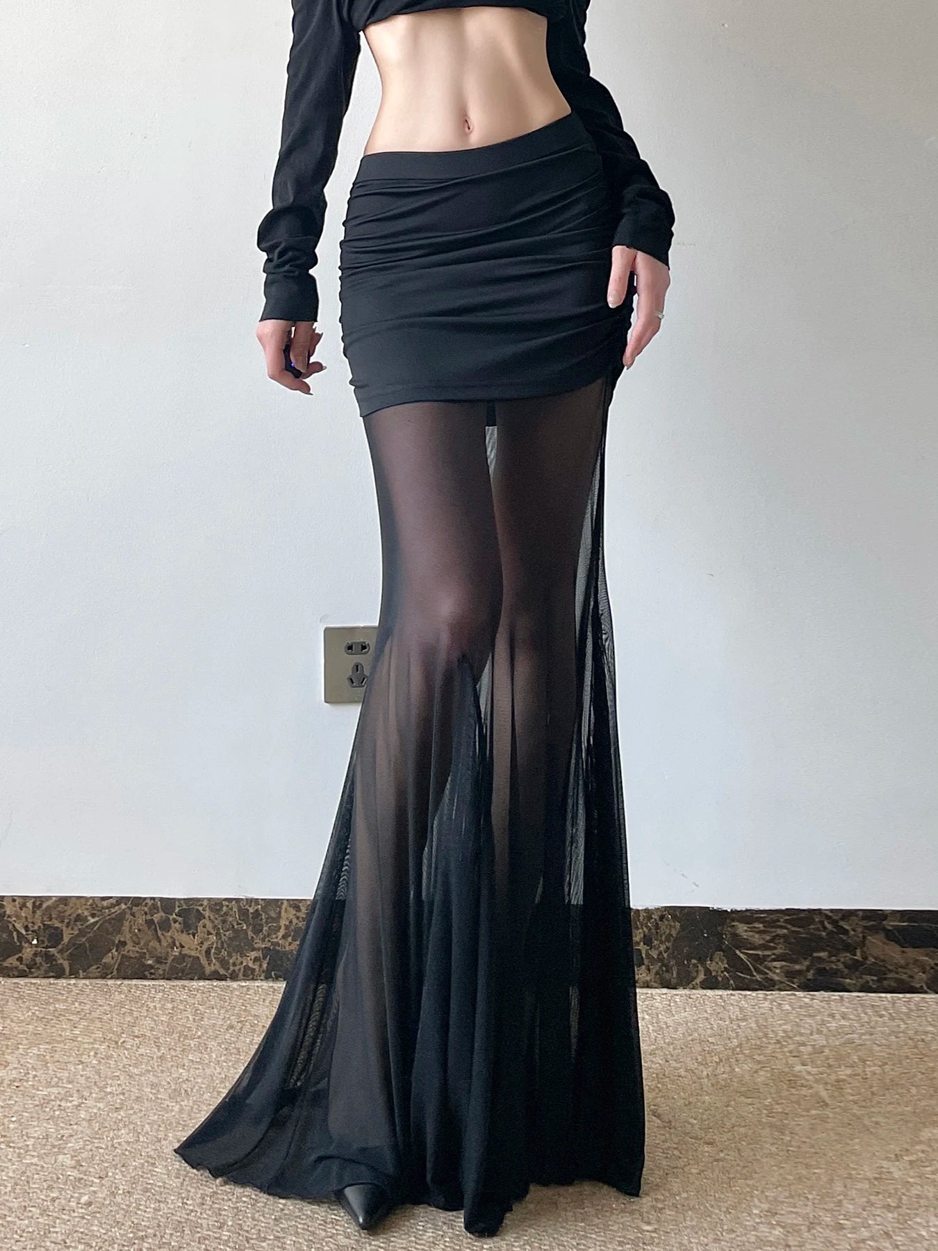 Gothic Alt Goth High Waist Mesh Patchwrok Long Skirt