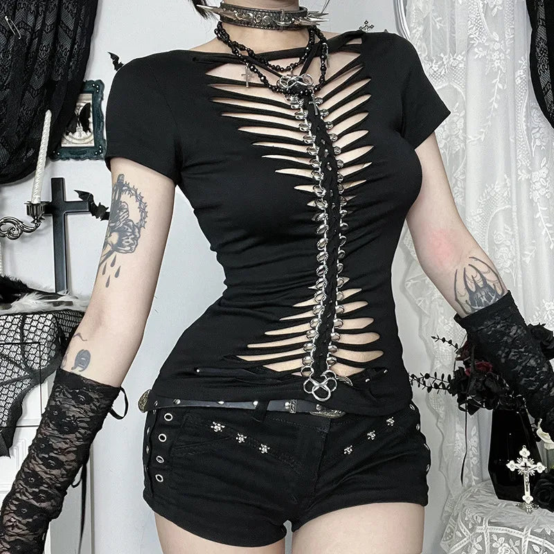 Gothic Alt Punk Goth Hollow Out Bone Chain Short Sleeve Top