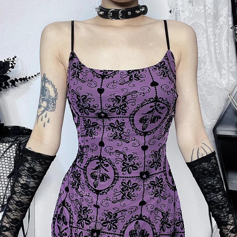 Gothic Alt Y2K Purple Sling Strap Sheer Mini Dress