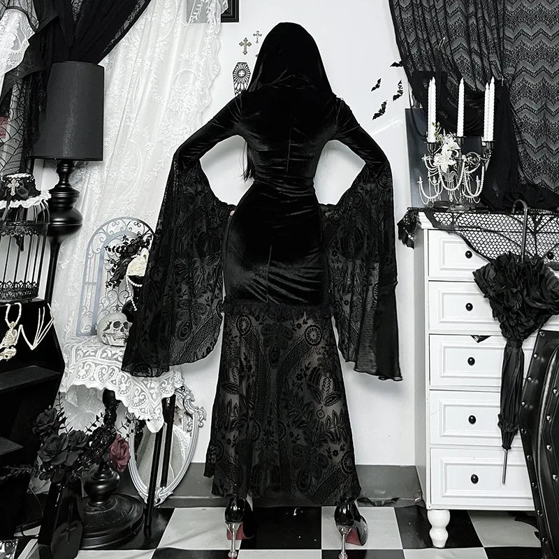 Gothic Romantic Goth Flocking Lace Batwing Sleeve Hooded Long Dress
