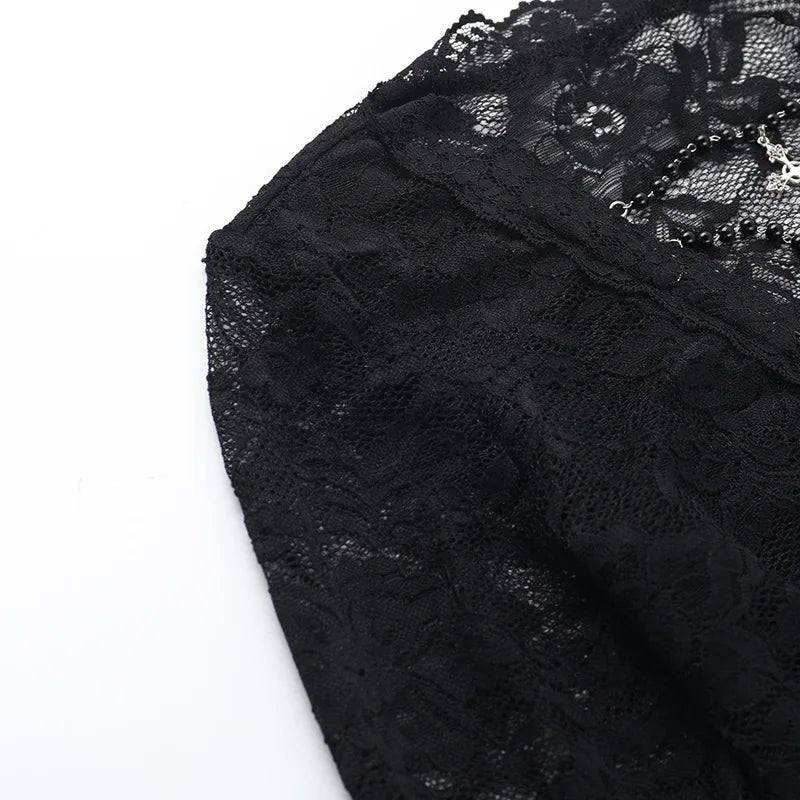 Gothic Vampire V-Neck Chain Beads Lace Bell Sleeves Top