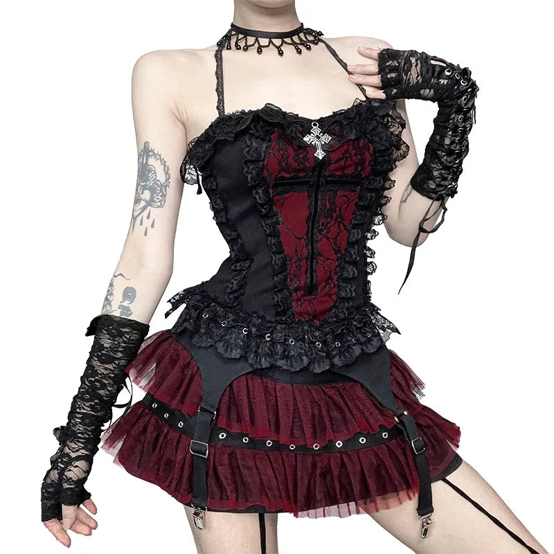 Gothic Cross Patchwork Lace Sleeves Romantic Goth Halter Top