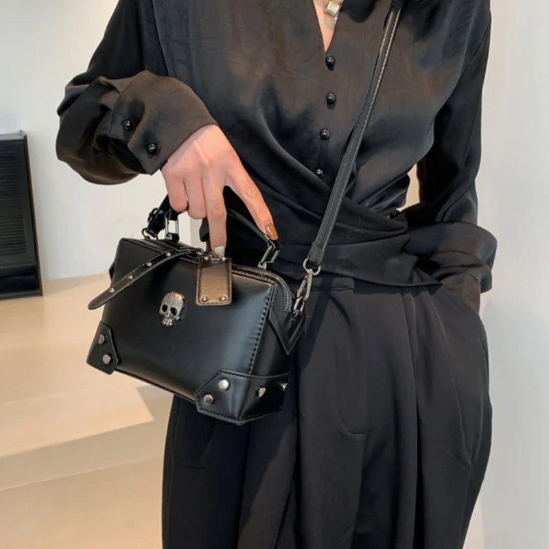 Gothic Punk Alt Goth Cross Skull Chain PU Leather Boxy Handbag Crossbody Bag with Top Handle