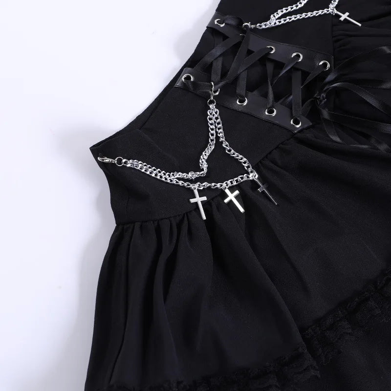 Gothic Romantic Chain Cross Lace Up Waist Cake Mini Skirt