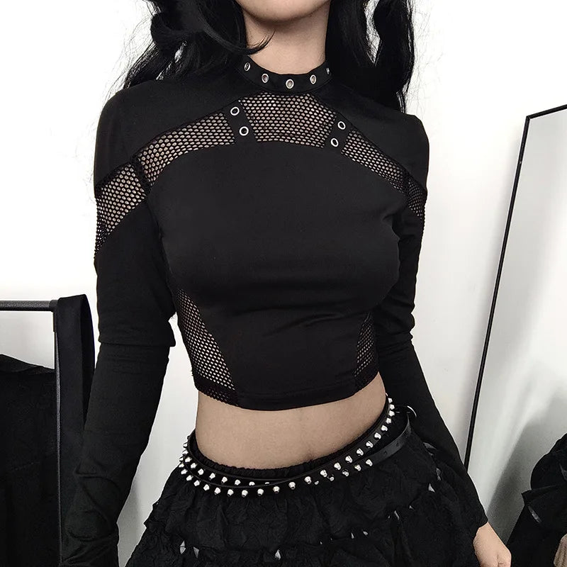 Gothic Fishnet Grommet Long Sleeve Top