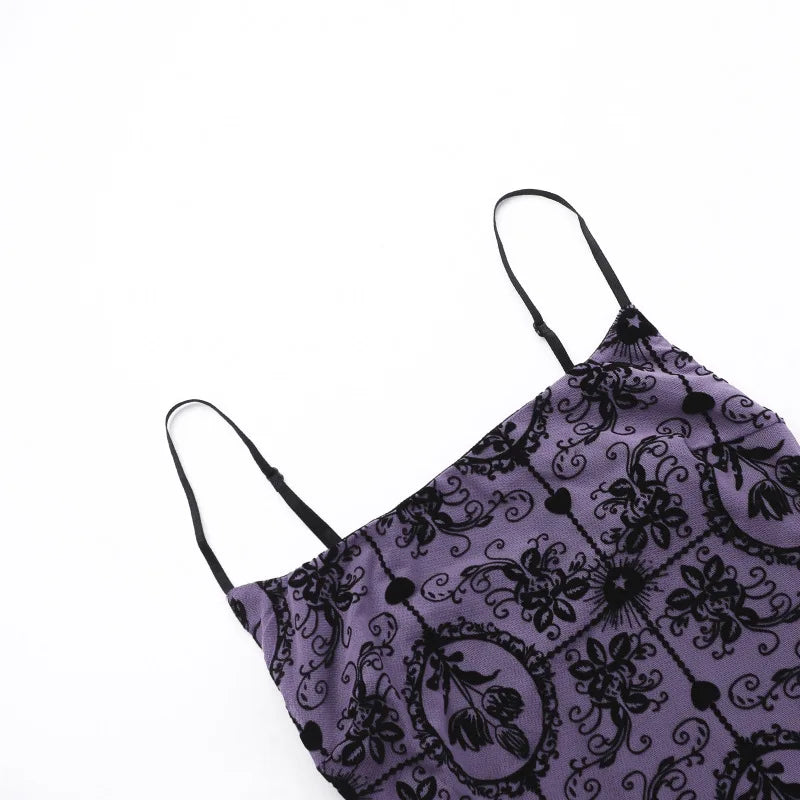 Gothic Alt Y2K Purple Sling Strap Sheer Mini Dress