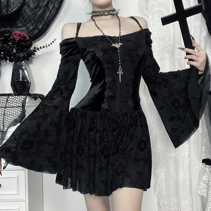 Gothic Vampire Goth Off Shoulder Velvet Sheer Flare Sleeves Mini Dress