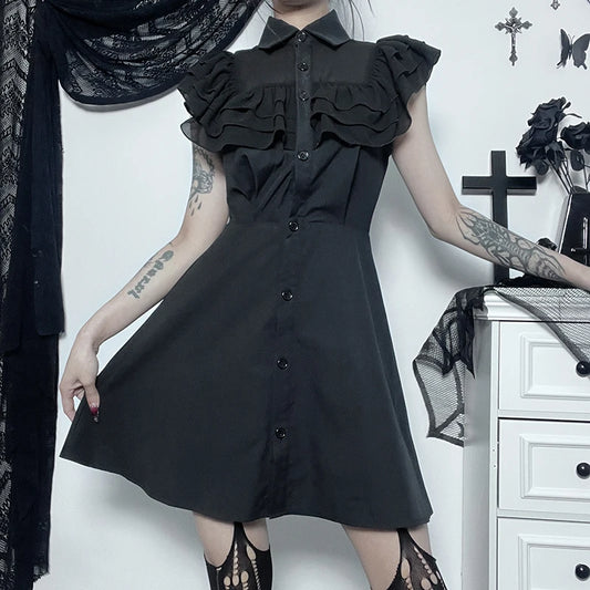Gothic Mesh Ruffles Patchwork Wednesday Mini Dress