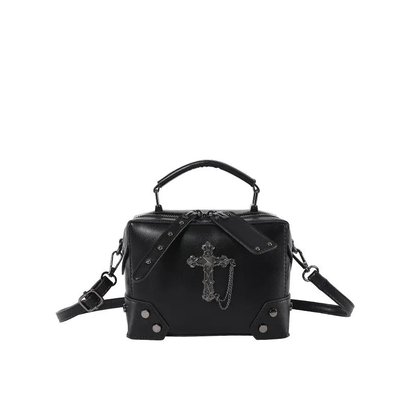 Gothic Punk Alt Goth Cross Skull Chain PU Leather Boxy Handbag Crossbody Bag with Top Handle
