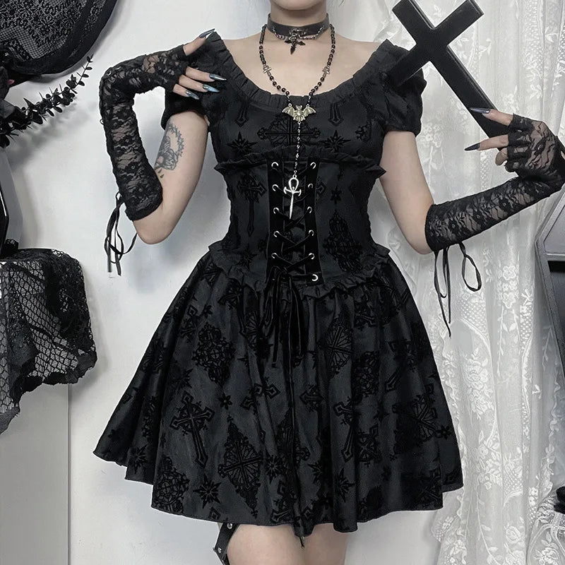 Gothic Romantic Goth Crosses Sheer Lace Up Corset Waist Mini Dress ROCK 'N DOLL Gothic Romantic Goth Crosses Sheer Lace Up Corset Waist Mini Dress ROCK 'N DOLL