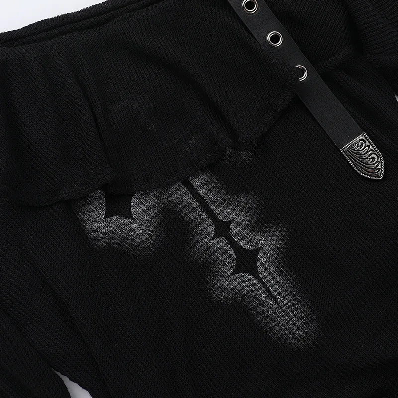 Gothic Y2K Alt Goth Cross Print Off Shoulder Leather Buckle Long Sleeve Top