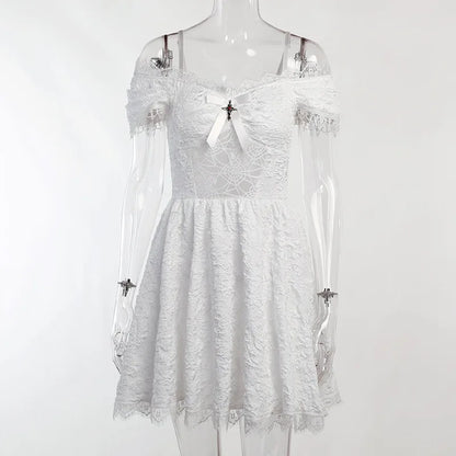 Gothic Romantic Off Shoulder Jacquard Lace Hem Mini Dress
