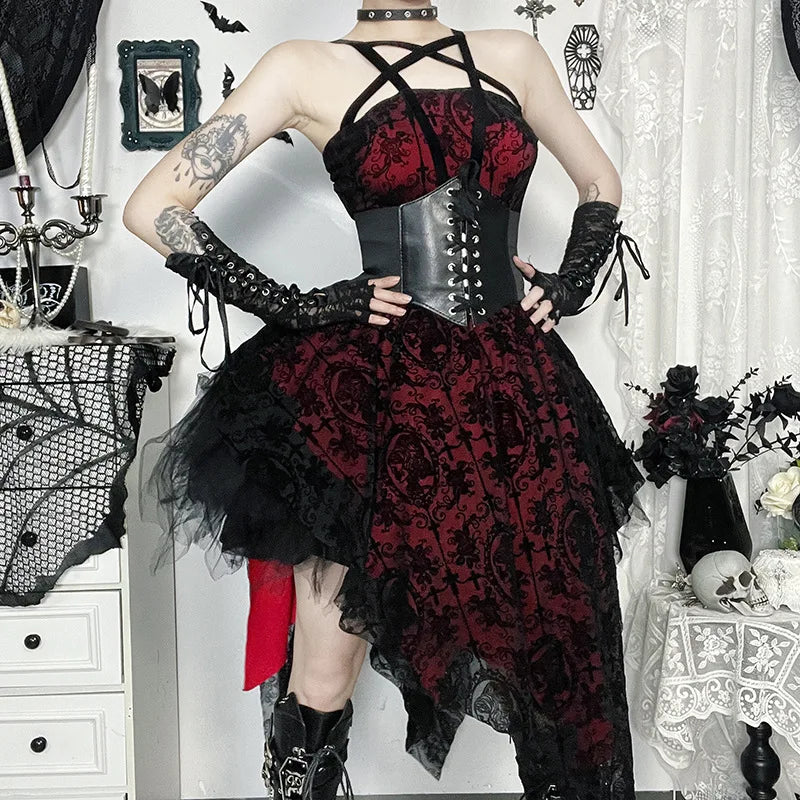 Gothic Alt Goth Pentagram Hollow Out Corset Irregular Hem Dress ROCK 'N DOLL Gothic Alt Goth Pentagram Hollow Out Corset Irregular Hem Dress ROCK 'N DOLL