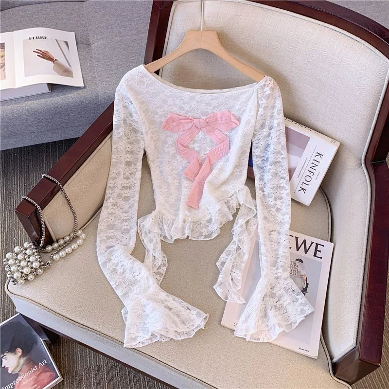 Gothic Dark Coquette Y2K White Off Shoulder Pink Bow Long Sleeve Lace Top