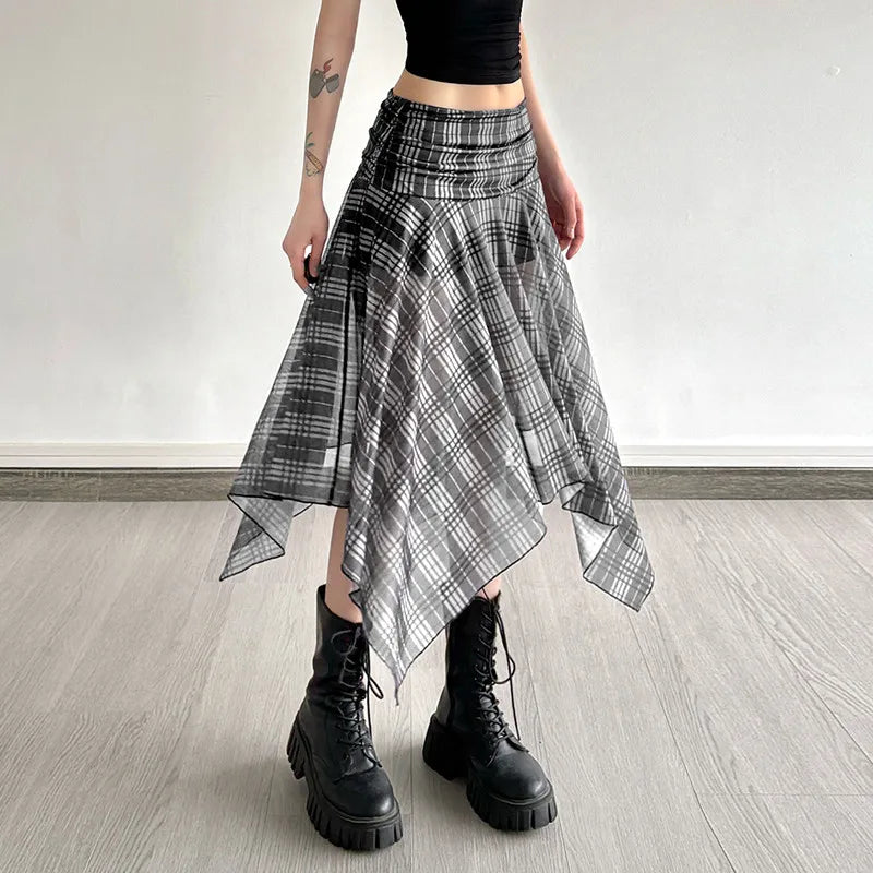 Gothic Alt Goth Grunge Y2K Plaid Mesh Patchwork Irregular Hem Midi Skirt