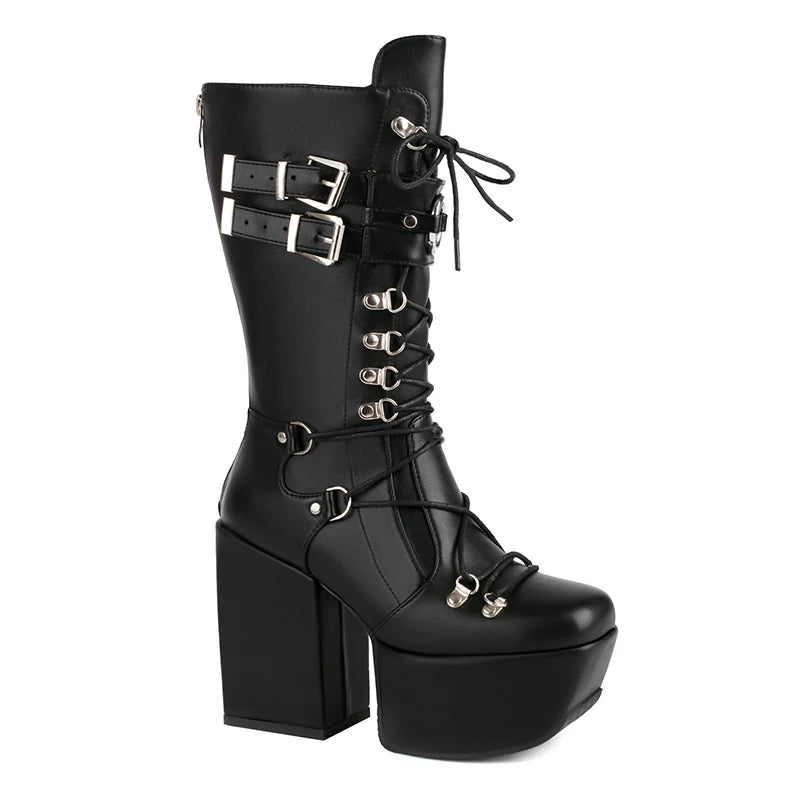 Gothic Alt Goth Lace Up Double Buckles Square Toe Platform Boots