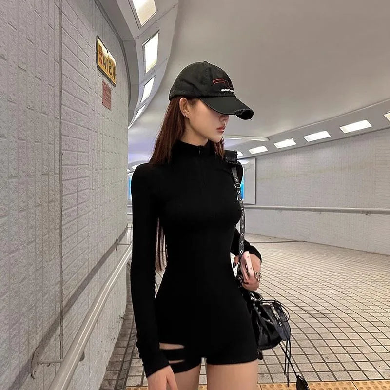 Gothic Alt Goth Long Sleeve Thigh Straps Bodysuit Rompers