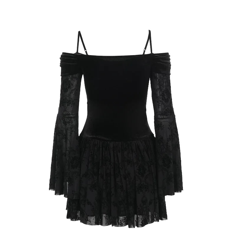 Gothic Vampire Goth Off Shoulder Velvet Sheer Flare Sleeves Mini Dress