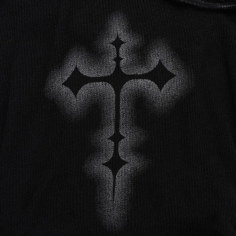 Gothic Y2K Alt Goth Cross Print Off Shoulder Leather Buckle Long Sleeve Top