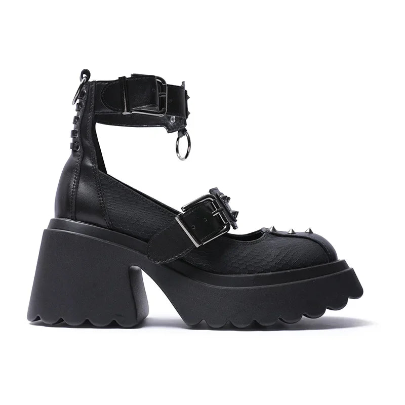 Gothic Alt Goth Punk Spikes Ring Rivets Platform Heels Mary Janes Pumps