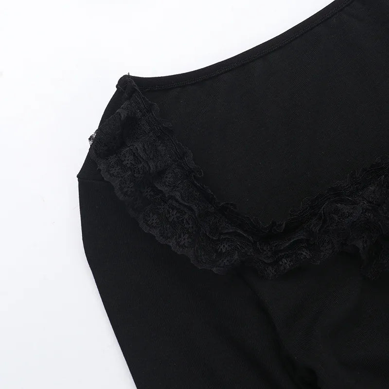Gothic Romantic Goth Lace Ruffles Patchwork Square Collar Long Sleeve Top