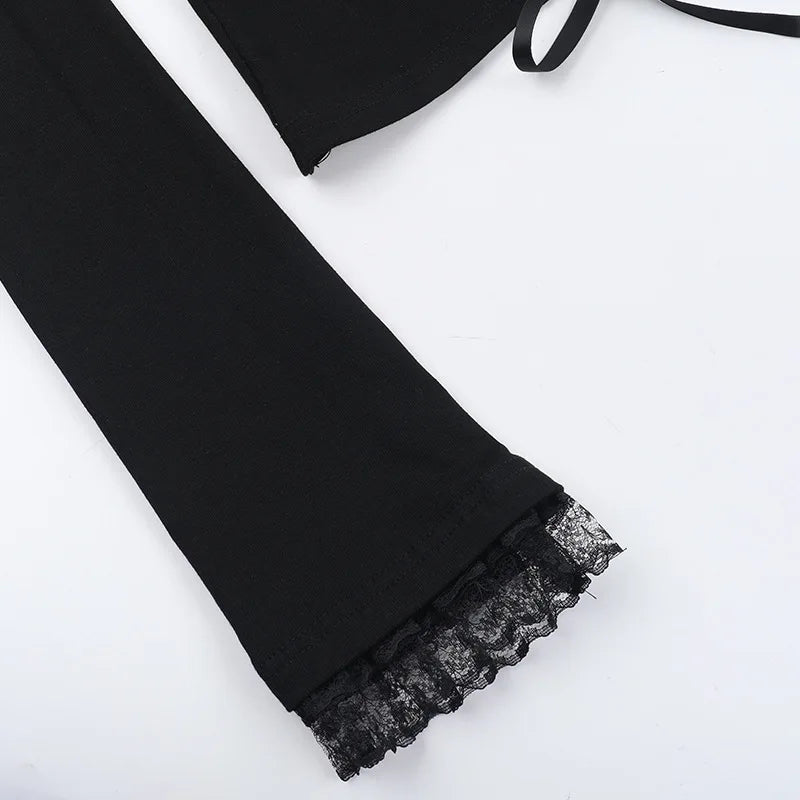 Gothic Romantic Goth Lace Ruffles Patchwork Square Collar Long Sleeve Top