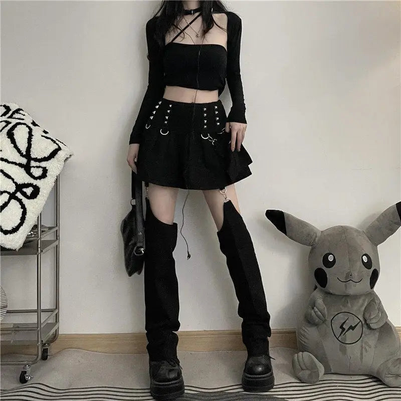 Gothic Punk Rivets Pleated Mini Skirt with Hollow Out Trouser Leg Warmer