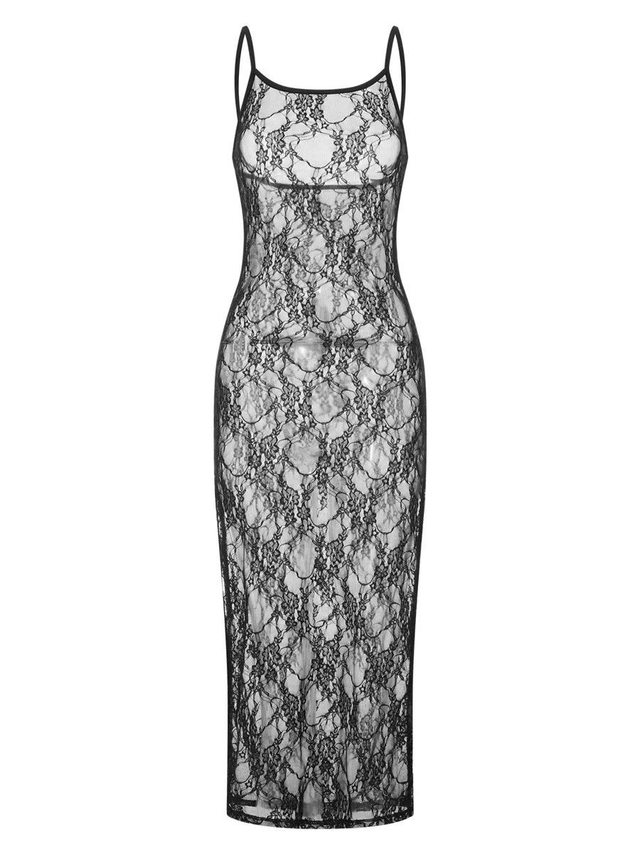 Gothic Romantic 90s Goth Black Lace See Through Spaghetti Strap Long Bodycon Dress