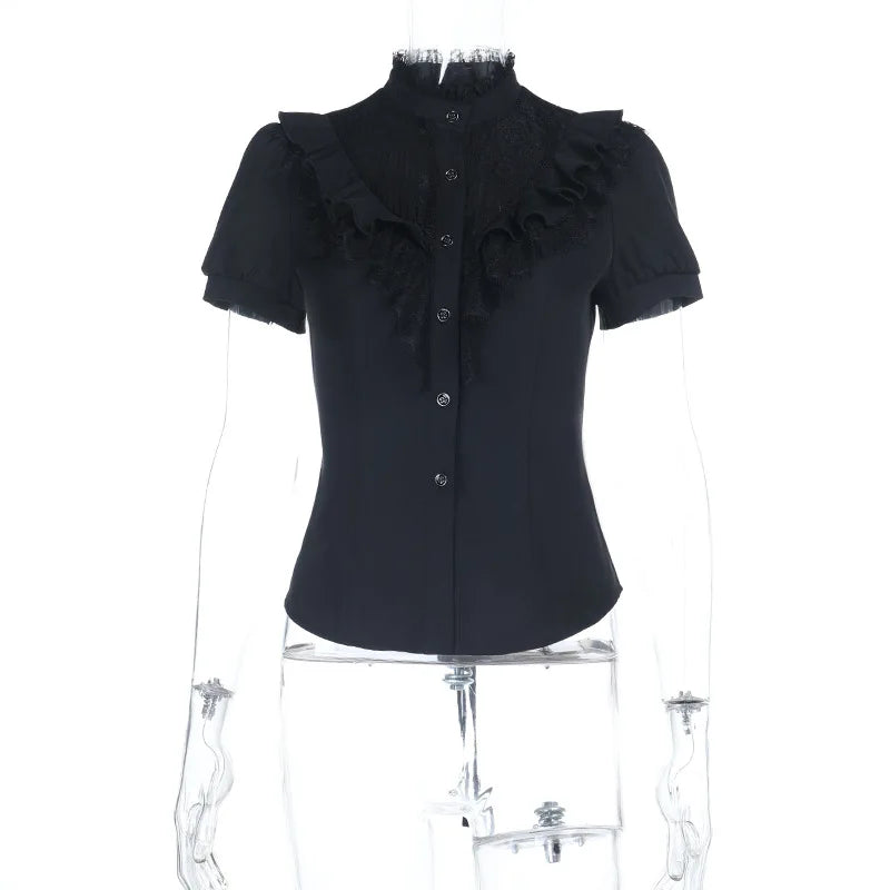 Gothic Victorian Goth Lace Patchwork Hollow Out Short Sleeve Blouse Top