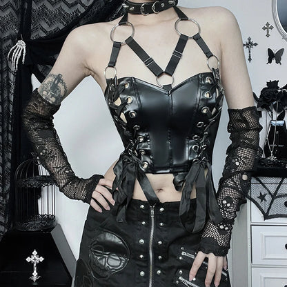 Gothic Faux Leather Lace Up Halter Top