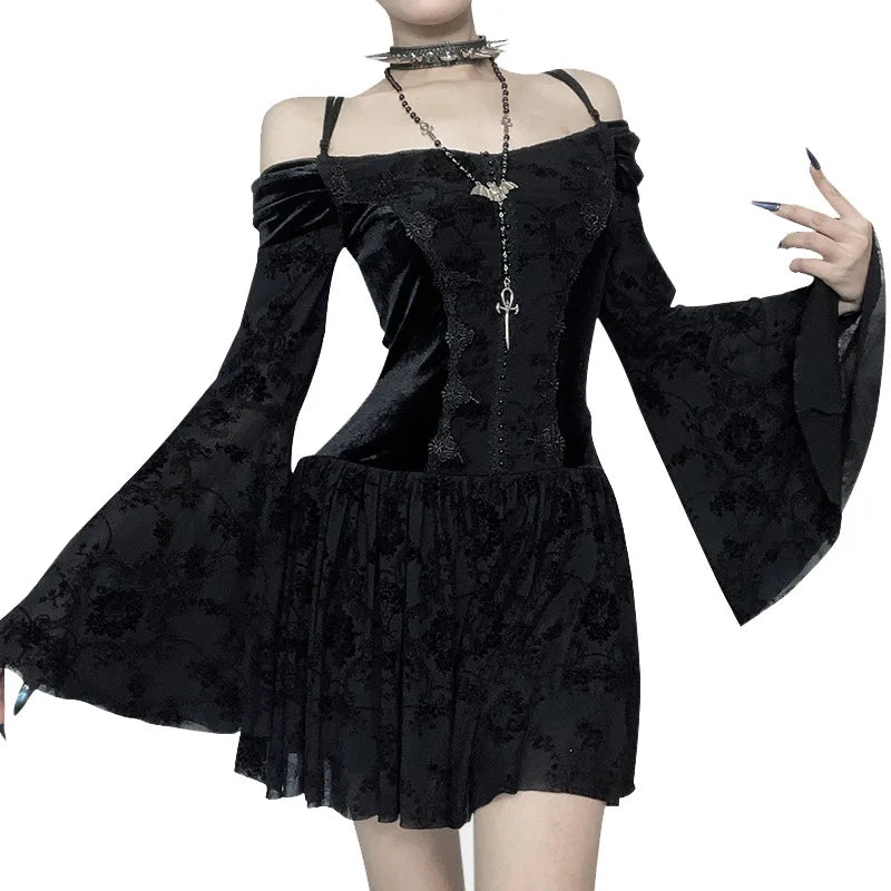Gothic Vampire Goth Off Shoulder Velvet Sheer Flare Sleeves Mini Dress