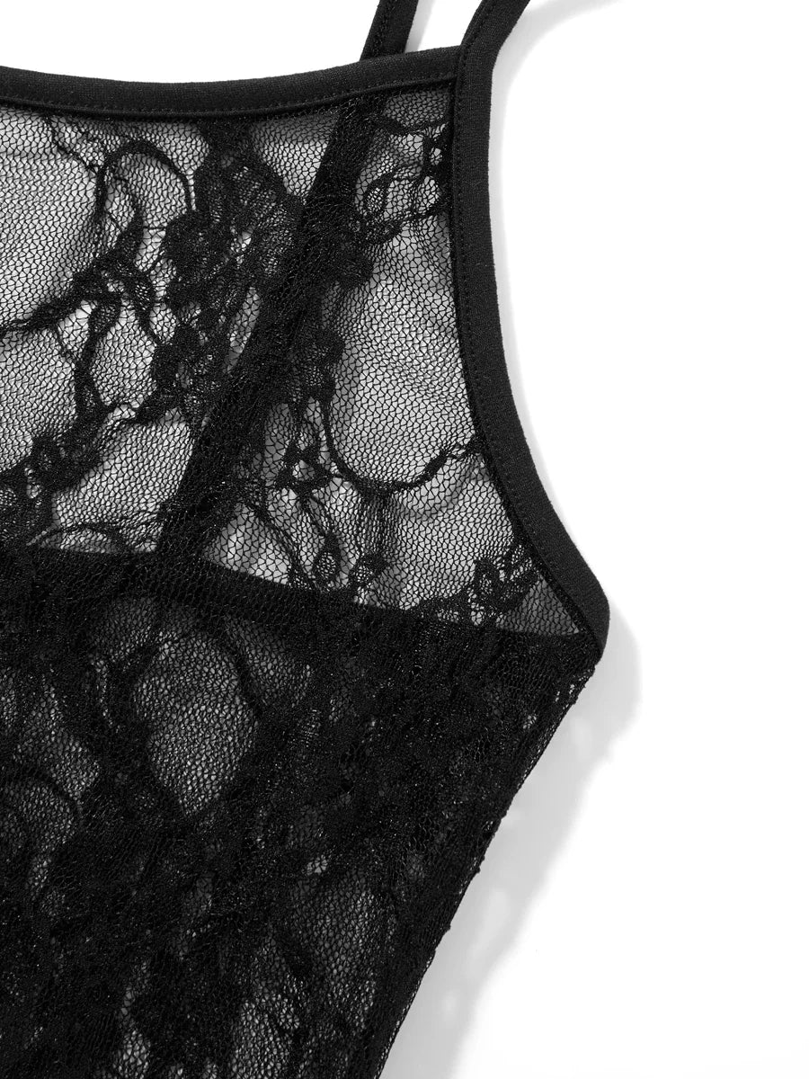 Gothic Romantic 90s Goth Black Lace See Through Spaghetti Strap Long Bodycon Dress