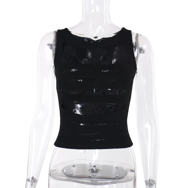 Gothic 90's Goth Y2K See Through Lace Patchwork Camisole Top
