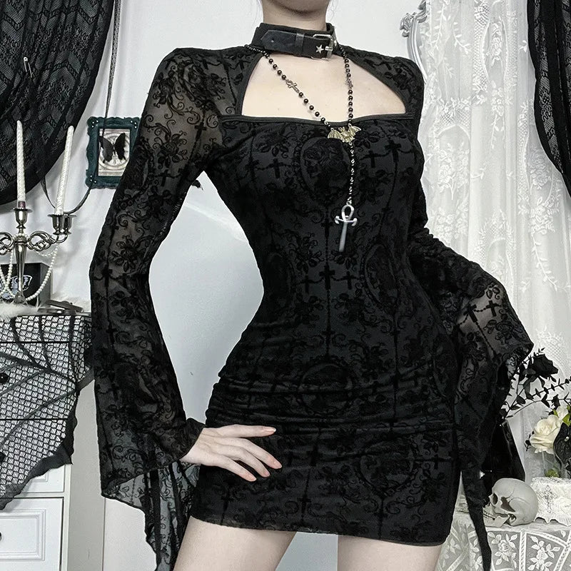 Gothic Romantic Goth Sheer Flare Sleeve Bodycon Mini Dress ROCK 'N DOLL Gothic Romantic Goth Sheer Flare Sleeve Bodycon Mini Dress ROCK 'N DOLL