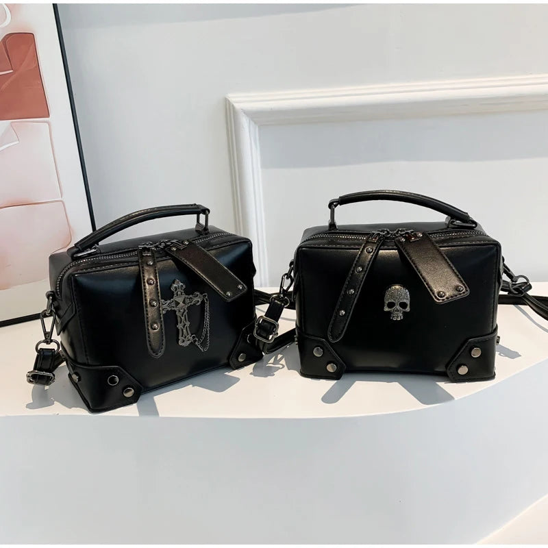 Gothic Punk Alt Goth Cross Skull Chain PU Leather Boxy Handbag Crossbody Bag with Top Handle