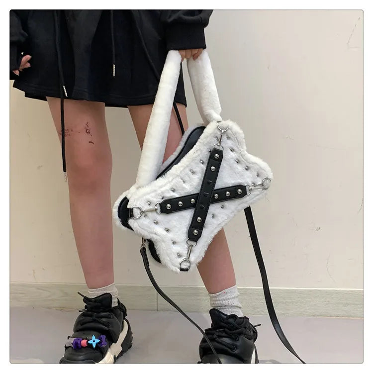 Gothic Alt Goth Y2K Bone Plush Studded Crossbody Shoulder Bag (available in 2 colors)
