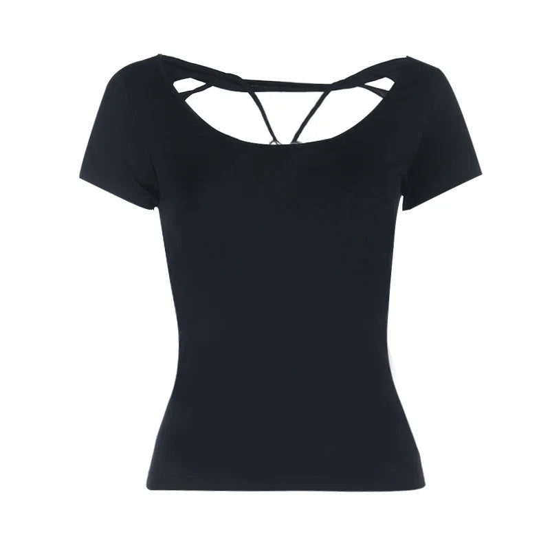Gothic Alt Punk Goth Hollow Out Bone Chain Short Sleeve Top
