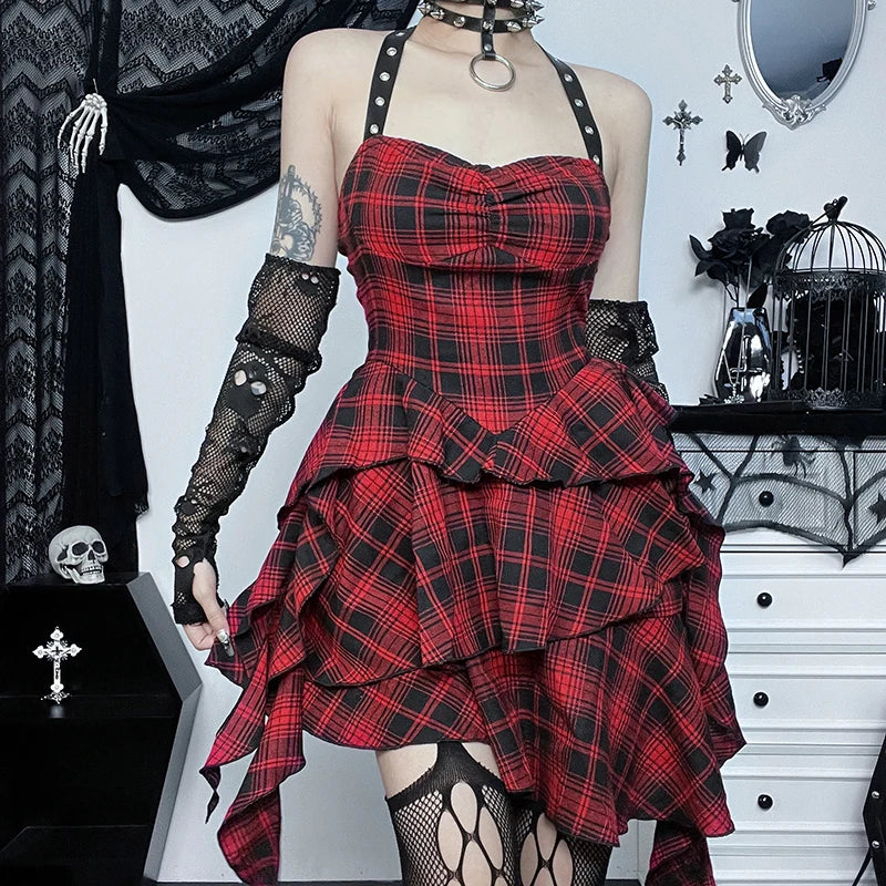 Gothic Grunge Y2K Red Plaid Irregular Hem Halter Mini Dress