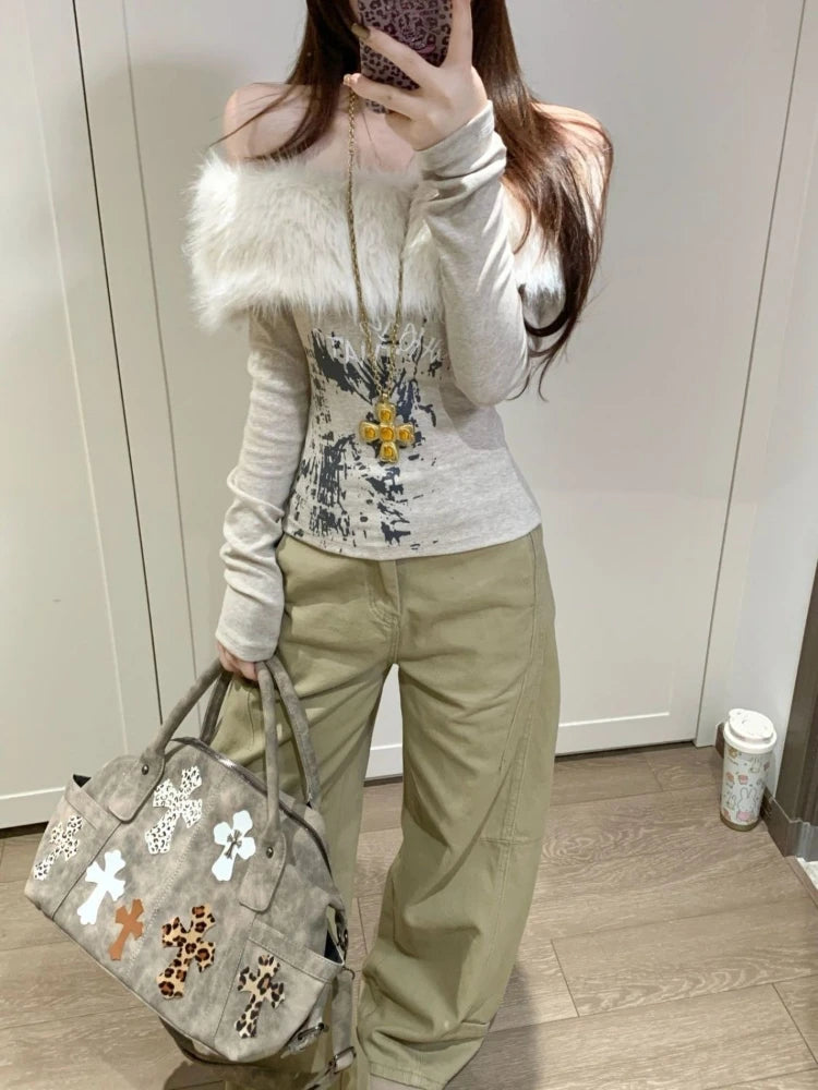 Gothic Y2K Off Shoulder Faux Fur Collar Printed Top (available in 2 colors)