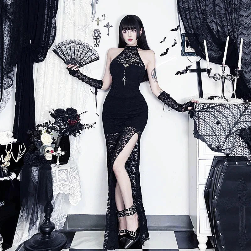Gothic Alt Goth Halter Lace See Through High Slit Bodycon Long Dress
