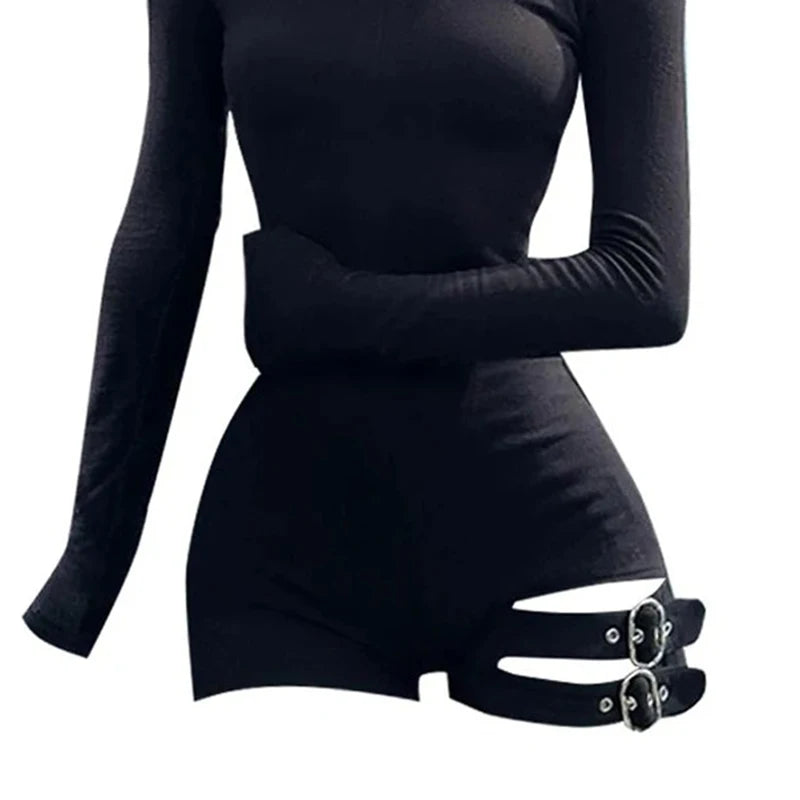Gothic Alt Goth Long Sleeve Thigh Straps Bodysuit Rompers