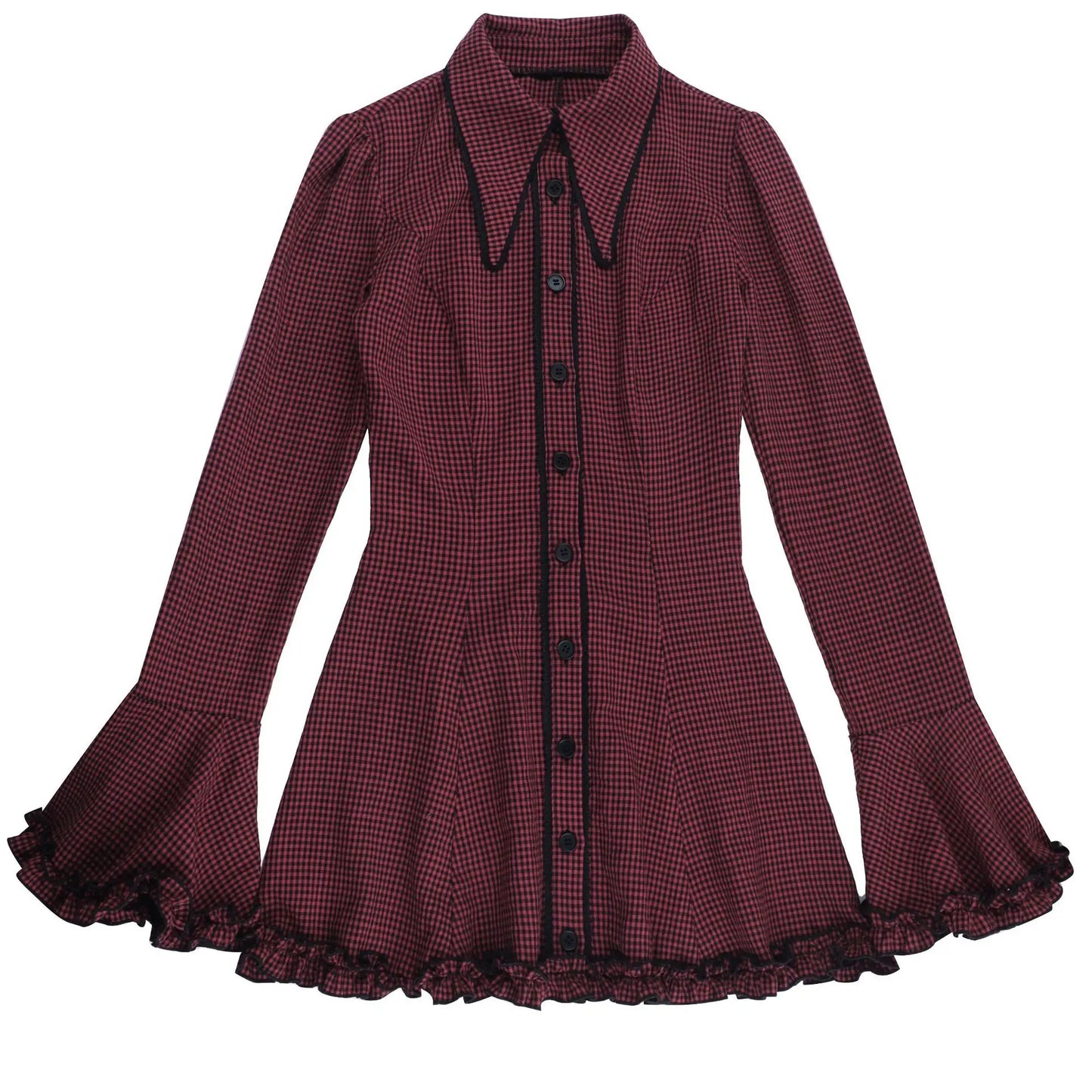 Gothic Alt Goth Red Plaid Flare Sleeve Collared Shirt Dress