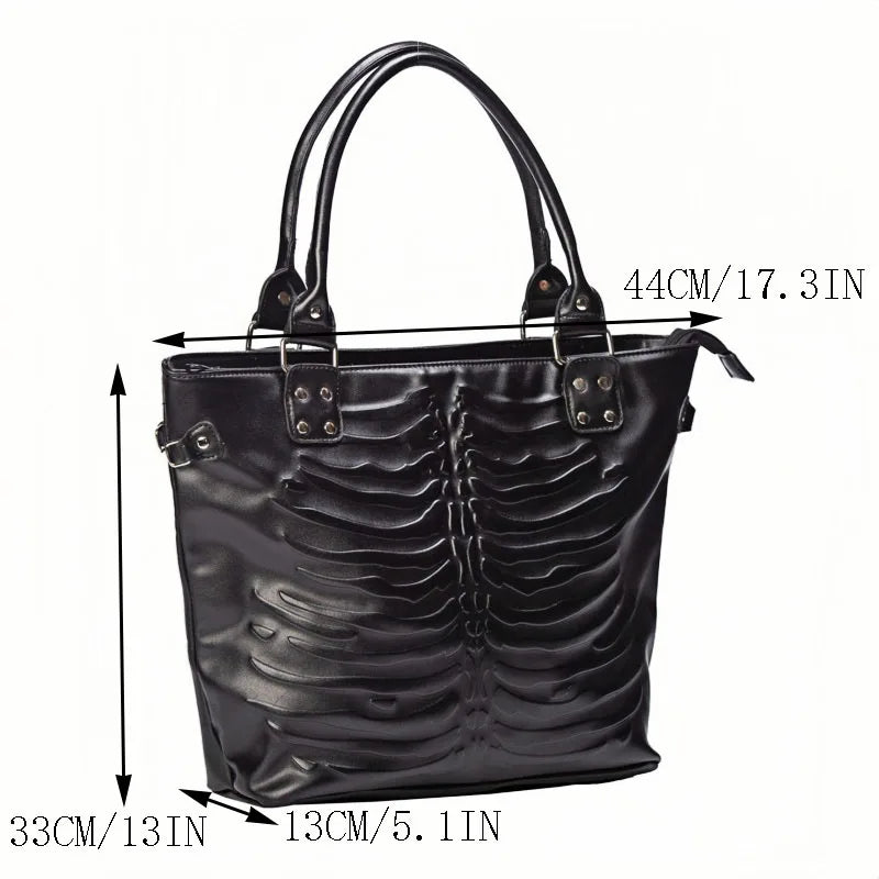 Gothic Alt Goth Embossed Skeleton Large Capacity Tote Shoulder Bag Handbag