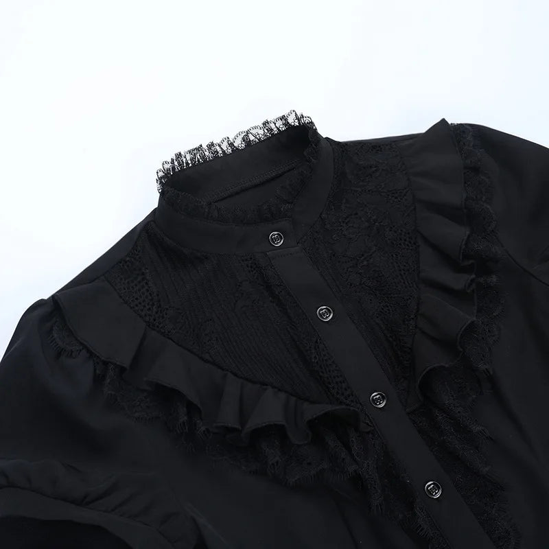 Gothic Victorian Goth Lace Patchwork Hollow Out Short Sleeve Blouse Top