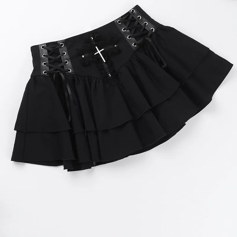 Gothic Alt Cross Patchwork Lace Up Pleated Mini Skirt