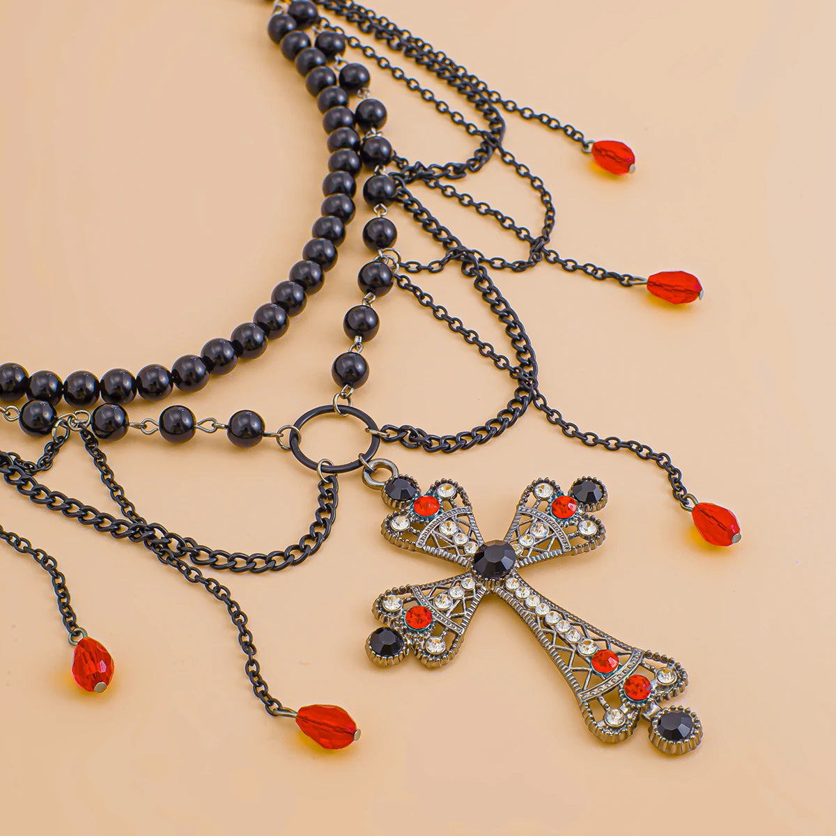 Gothic Romantic Black Crystal Cross Pendant Waist Belly Chain Belt
