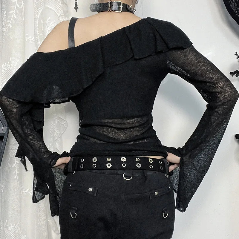 Gothic Y2K Alt Goth Cross Print Off Shoulder Leather Buckle Long Sleeve Top