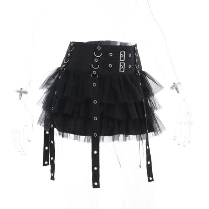 Gothic Ruffles Mesh Splice Buckles Mini Skirt
